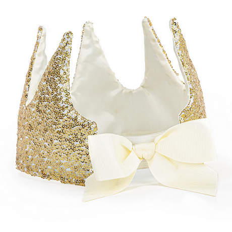 Gold Sequin Crown with soft cream satin lining and adorable bow, perfect for kids ages 3 and up at formal events.