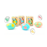 Bath Bomb Egg Sprudel colorful egg-shaped bath bombs with polka dots and fun animal surprises inside.