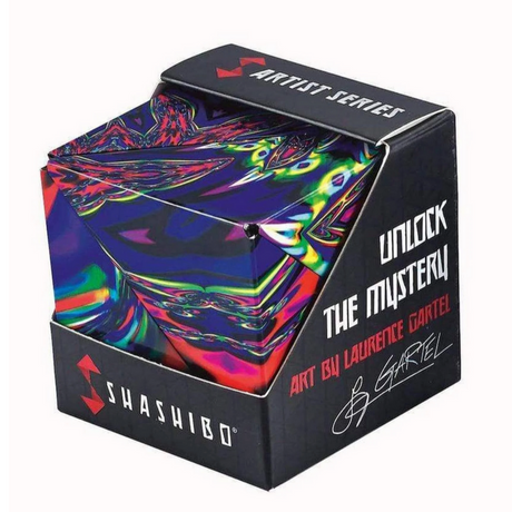 Shashibo | Chaos magnetic puzzle cube with colorful art design in black packaging from the Artist Series by Laurence Gartel