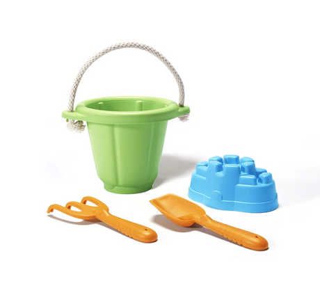 Sand Play Set with green bucket, blue sand castle mold, orange shovel, and rake made from recycled plastic.