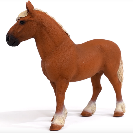 Detailed side view of a brown Belgian Draft Horse toy figure with light mane and tail on a white background.