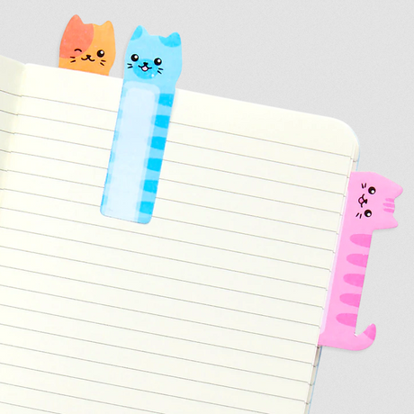 Note Pals Cats colorful sticky note tabs shaped like playful cats marking pages in a notebook for easy study.