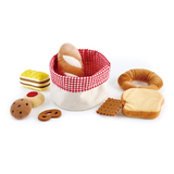 Bread Basket with felt bakery items including toast, baguette, croissant, cookies, and cake with a red checkered lining.