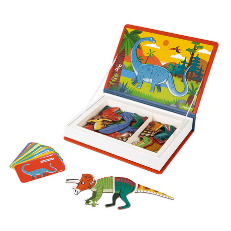 MagnetiBook Dinosaurs with magnetic puzzle pieces and dinosaur cards for educational play and creativity.