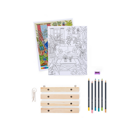 Color by Number Plant Room kit with pencils, coloring guide, sharpener, and magnetic wood frame for wall art.