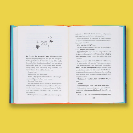 Open book showing pages from Shine On, Luz Veliz!, a coming-of-age story blending family and self-discovery themes.