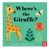 Cover of Where's the Giraffe? Flap Book featuring a friendly giraffe and a butterfly on a green background.