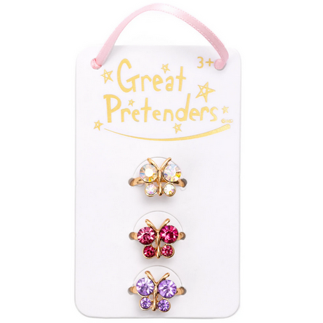 Boutique Butterfly Gem Rings 3-piece set with jewel-toned butterfly designs on gold-colored bands for kids ages 3 and up