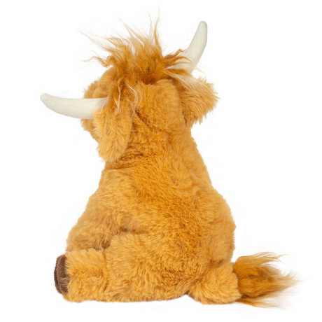 Highland Cow Softie Scottie plush toy with soft rusty fur, ivory horns, and a fluffy tail, perfect for ages 2+ held in hand.