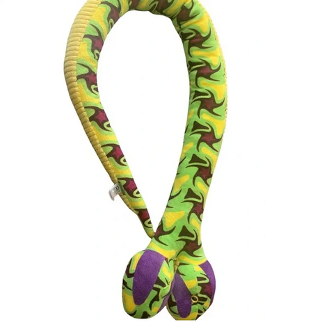 Two-Headed Snake stuffed toy with vibrant green, yellow, and purple patterns, soft texture, and two heads with forked tongues.