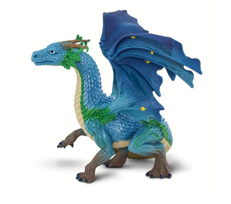 Earth Dragon hand-painted figure with pearlescent blue-green scales, starry dark blue wings, and tree-like horns and legs.