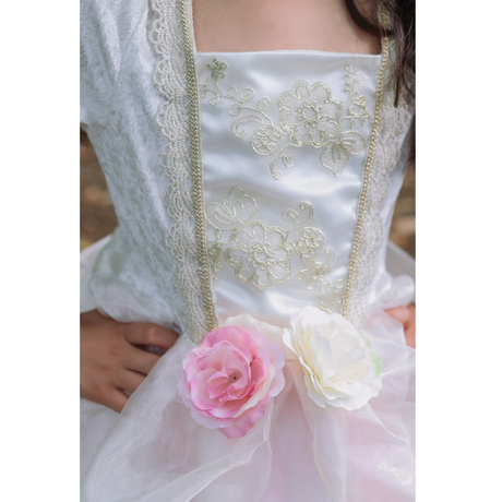 Close-up of Golden Rose Princess Dress featuring gold embroidery and pink and white roses on the elasticized waistband.