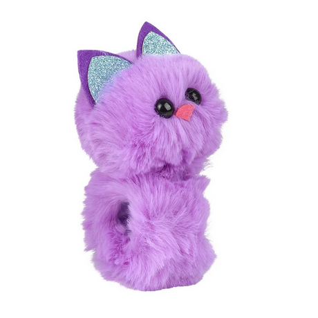 Soft purple cat plush animal with glittery ears on an 8-inch Slap Bracelet Plush Animal wristband.