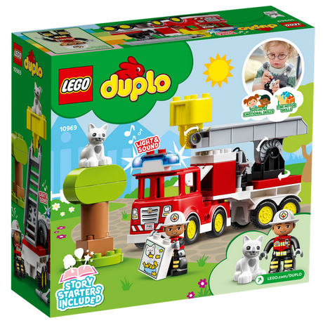 LEGO DUPLO Fire Truck with firefighter, cat, tree, and ladder for imaginative rescue play, ages 2 and up.