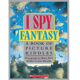 I SPY Fantasy Picture Riddles book cover with whimsical clouds, stars, balloons, and fantasy elements in the sky.