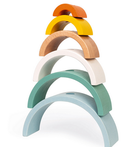 Pull Toy Rainbow Turtle wooden stackable arches in soft colors for early learning and motor skill development.