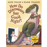Cover of the book How Do Dinosaurs Say Good Night? showing a dinosaur holding a teddy bear sitting on a bed with a woman in the doorway.
