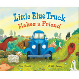 Cover of Little Blue Truck Makes a Friend showing a blue truck and farm animals in a colorful meadow.
