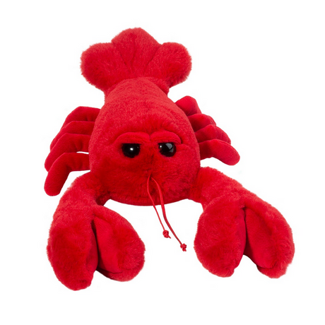 Lobster Cranky plush toy with velvet claws, grumpy eyes, and soft red cuddly material for ages 2 and up.