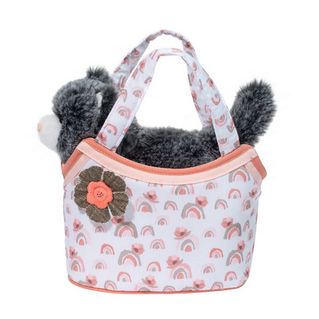 Pet Carrier Watercolor Rainbow Cat tote with pink rainbows, coral trim, fabric flower, and gray plush cat inside.