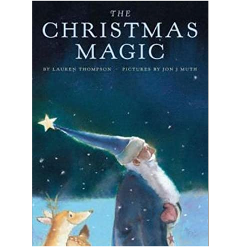The Christmas Magic book cover showing Santa with a glowing star and a reindeer under a night sky.
