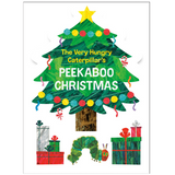 The Very Hungry Caterpillar Peekabook Christmas tree-shaped board book with gifts and colorful caterpillar illustration.