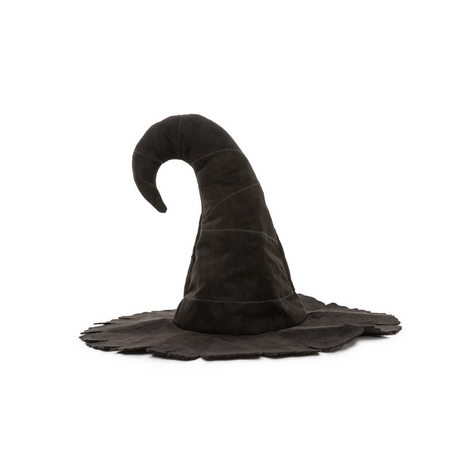 Mighty Witch Hat in dark fabric with a tall, curved point and wide, scalloped brim for a spooky outfit.