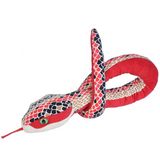 Red Scales Snake plush toy with vibrant red and patterned scales, soft and cuddly for kids and long trips.