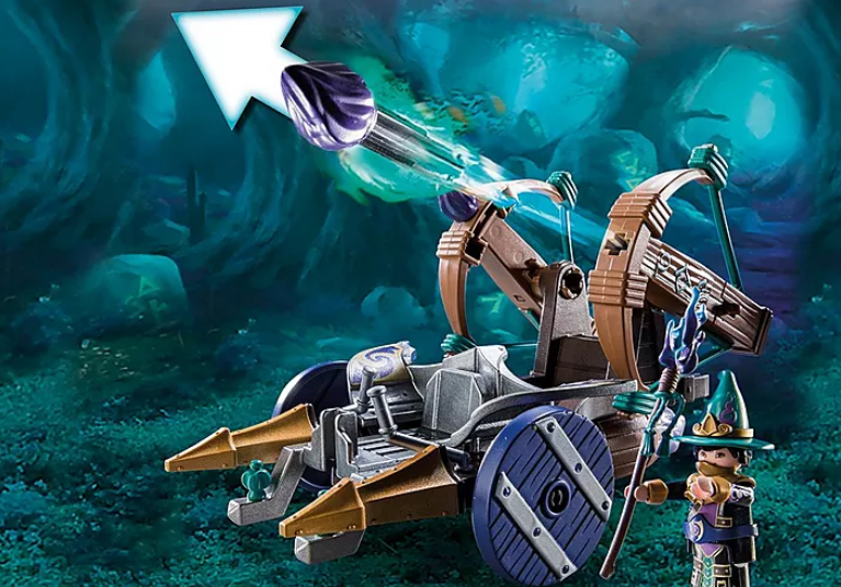 Violet Vale Demon Patrol playset with demon-catching carriage, wizard figure, cannon, magic wand, and demon in mystical cave.
