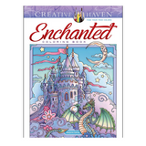 Enchanted Coloring Book cover with a fantasy castle, dragon, moon, stars, and whimsical clouds in pastel colors.