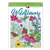 Wildflowers Coloring Book cover with colorful flowers, hummingbirds, and butterflies in a bright natural scene.