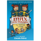 Book cover of Max & the Midknights: The Tower of Time featuring Max and her twin with a castle background.