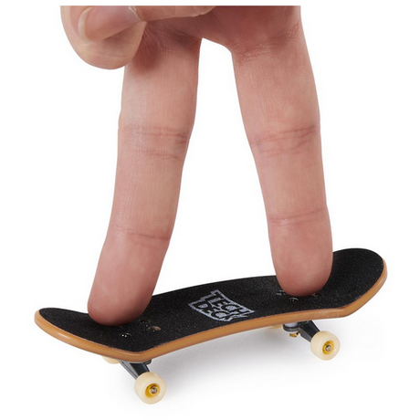 Tech Deck Ultra Dlx Fingerboard 4pk with realistic grip tape and wheels shown in action on two fingers.