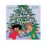 No Peeking at Presents book cover with two excited children near a decorated Christmas tree and presents.