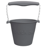 Scrunch Bucket Gray made of flexible recyclable silicone with rope handle, perfect for sensory play and on-the-go use.
