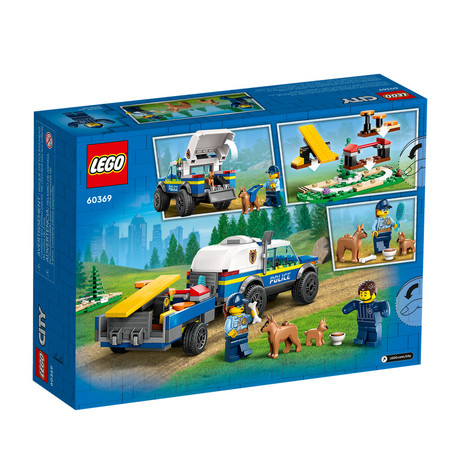 LEGO City Mobile Police Dog Training toy set with police SUV, trailer, dog-training apparatus, and figures for imaginative play.