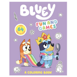 Bluey Fun & Games Coloring Book cover featuring Bluey and Bingo with playful colorful elements on a purple background.