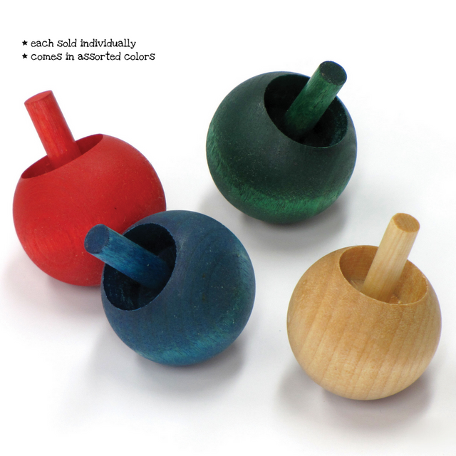 Four assorted colored Wood Flipover Top toys made of hardwood, each sold individually and ready to spin.