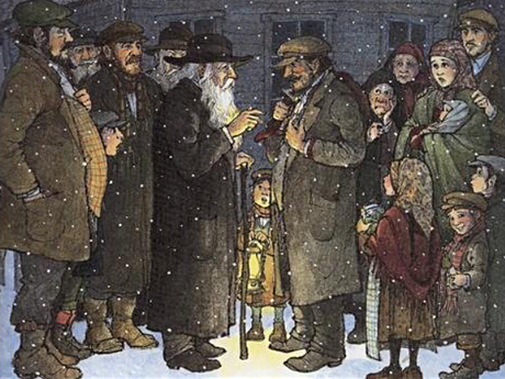 Illustration from Hershel and the Hanukkah Goblins showing villagers gathered outside in winter snowfall.