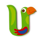 Wooden Letter U shaped like a colorful green bird with orange beak and red-blue wing, delicately carved wooden door letter.