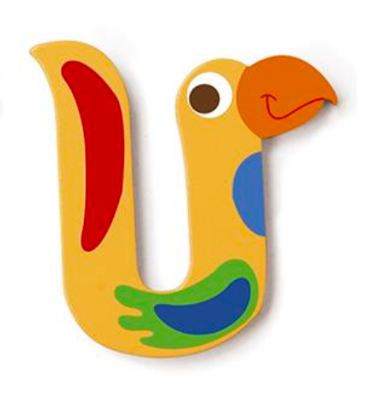 Wooden Letter U shaped like a colorful bird with detailed carvings for decorative door customization.