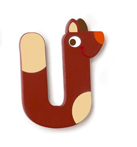 Wooden Letter U shaped like a smiling brown dog with beige paws and nose, decorative wooden door letter.