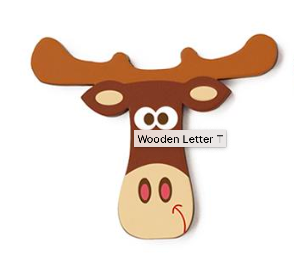 Wooden Letter T shaped like a colorful carved moose with detailed eyes and antlers for fun door decoration.
