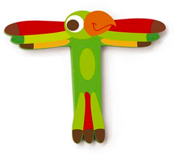 Wooden Letter T shaped like a colorful parrot with detailed wings and beak, decorative and fun for bedroom doors.