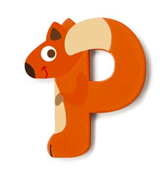 Wooden Letter P featuring a colorful fox design, delicately carved for playful bedroom door decoration by Scratch.