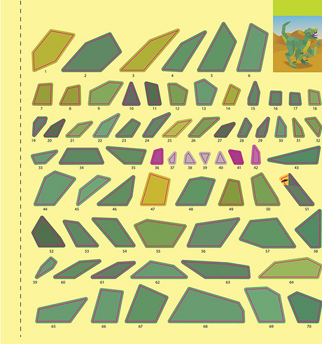 Kids Paint by Sticker Dinosaurs showing numbered sticker shapes to create a dinosaur painting step-by-step.