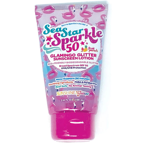 Sea Star Sparkle Glamingo Fruit Punch Bio Glitter Sunscreen SPF50 in 3.4 oz tube with reef-safe glitter and water resistance