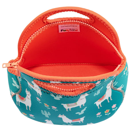 Lunch Bag Llamas insulated lunch bag with colorful llama print, soft handles, and easy-to-clean neoprene material.