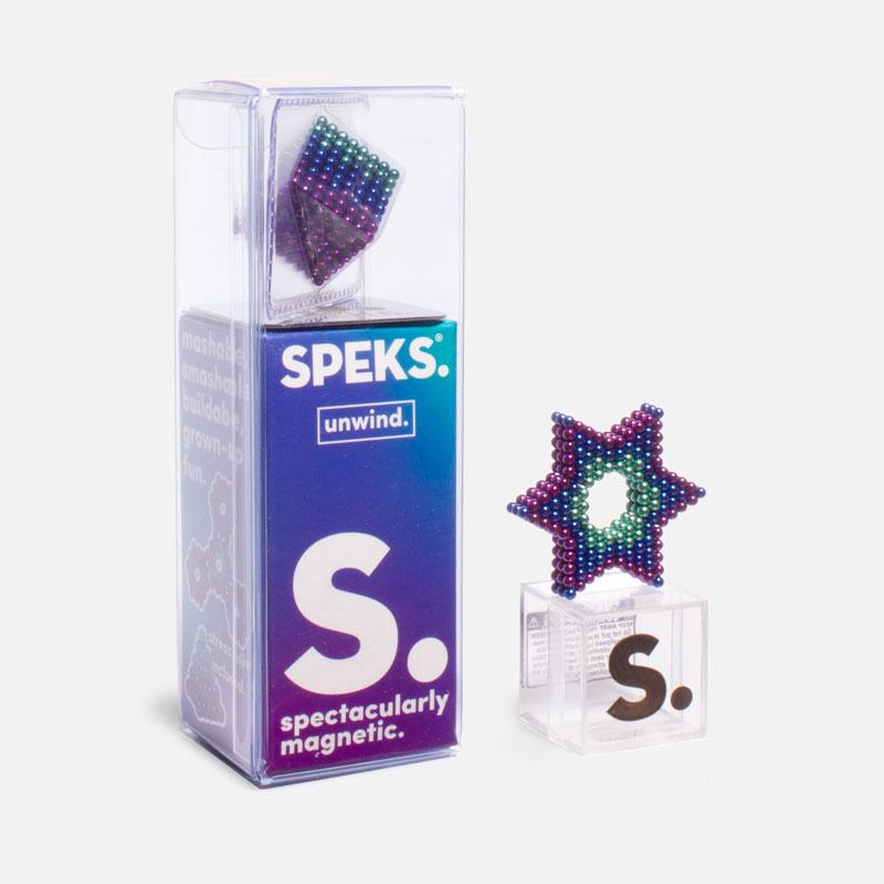 Speks. Gradient. Unwind. magnetic balls shaped in a colorful star, stress-relief desk toy packaging shown.