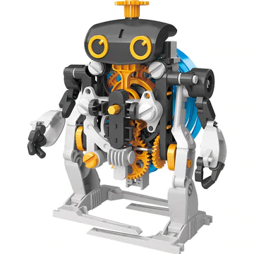 Springbots motorized robot model with visible gears and mainspring mechanism, assembled from over 130 pieces.